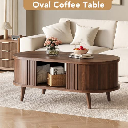 47.2 Inch Oval Fluted Coffee Table with Storage - Walnut, Modern Mid-Century
