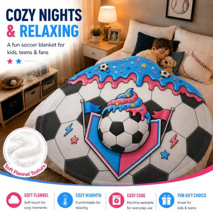 Soccer Ice Cream Drip Round Blanket 60 Inch Kids Teens Fans Gift