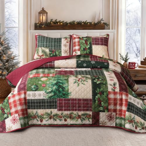 Red King Size Christmas Patchwork Quilt Bedding Set with Pillow Shams
