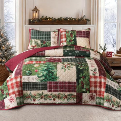 Red King Size Christmas Patchwork Quilt Bedding Set with Pillow Shams