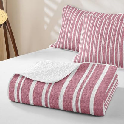 Pink White Striped Quilt Set Queen Size - Modern Geometric Bedspread with Pillow Shams - Kids Bedroom Decor - Variation: White Pink