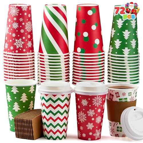 JOYIN 72 PCS Christmas Disposable Party Paper Cups, 16 oz Merry Christmas Coffee Cups With Sleeves and Lids, 6 Designs Xmas Tea Drinkware, Beverages Tableware Holiday Supplies Favors