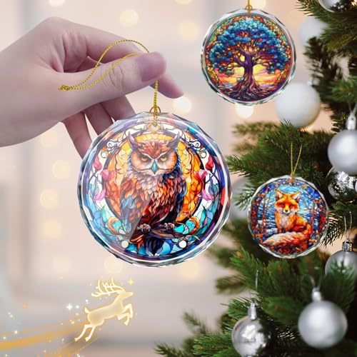 Stained Glass Owl Christmas Ornament - Holiday Tree Decor, Gift, Variation of Owl