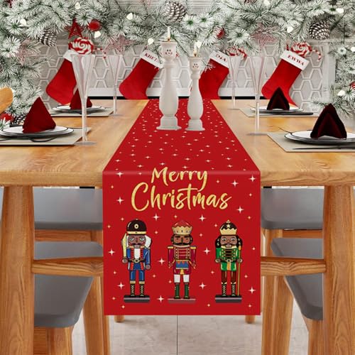 Christmas Table Runner Red Burlap Nutcracker Stars 13x36 Inch Seasonal Decor