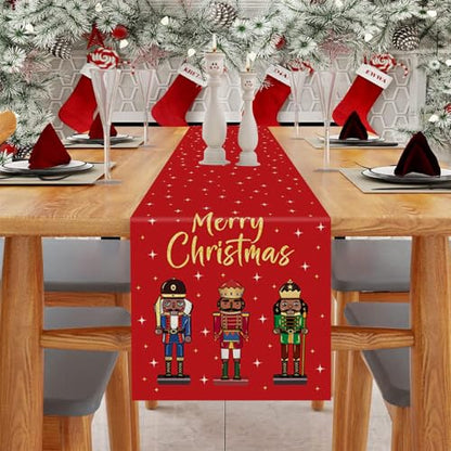 Christmas Table Runner Red Burlap Nutcracker Stars 13x36 Inch Seasonal Decor