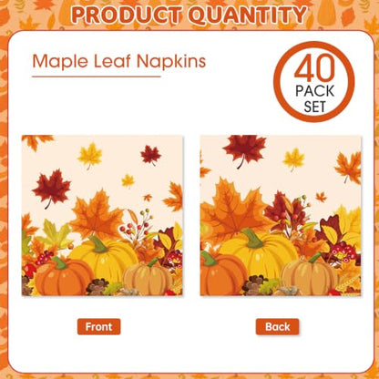 Fall Thanksgiving Napkins - Orange Maple Leaf Pumpkin Paper Cocktail Napkins Set of 40
