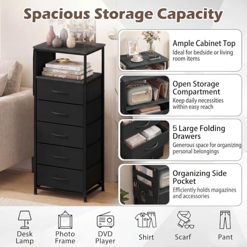 GIANTEX 39" Bedside Table with Integrated Charging Station - Black, 5-Drawer