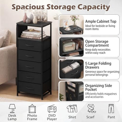 GIANTEX 39" Bedside Table with Integrated Charging Station - Black, 5-Drawer