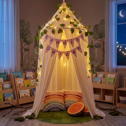 Kids Reading Corner Tent Set with Cushions & Lights - Cozy Play Nook
