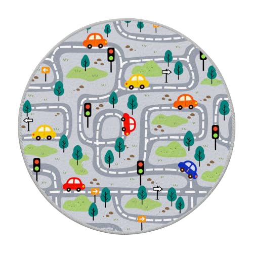 Kids Round Road Track Rug 47x47 Inches - Brown Variation - Car Play Mat for Bedroom & Playroom