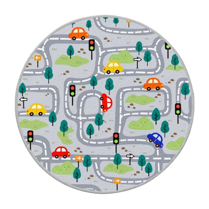 Kids Round Road Track Rug 47x47 Inches - Brown Variation - Car Play Mat for Bedroom & Playroom