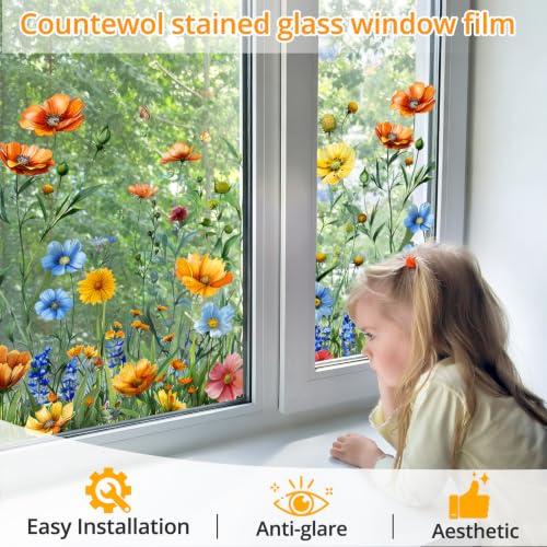 Decorative Static Cling Window Film - Field Poppy Floral Design, 78.7" x 17.5" - Reusable, No-Residue, Bubble-Free Installation
