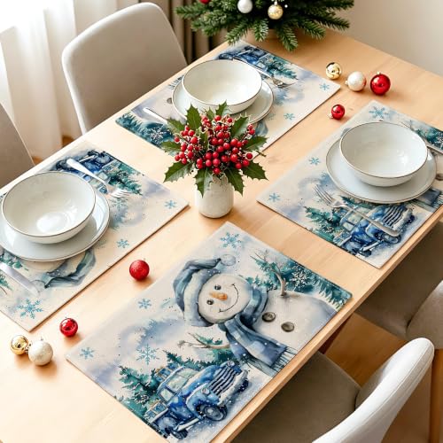 Snowman Christmas Placemats Set of 4 - 12x18 Inches Holiday Table Decor