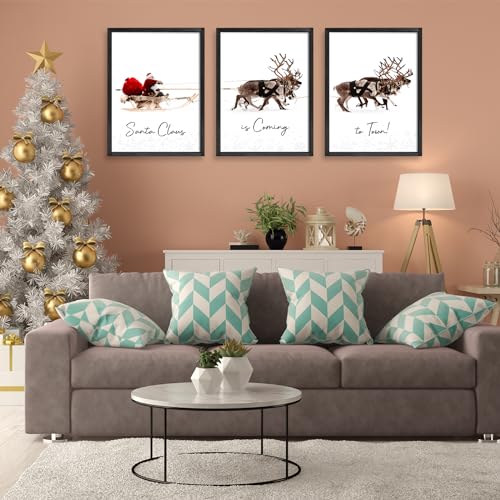 Christmas Wall Art Set of 3 Santa Claus with Sleigh Deer Framed 16x24 Black