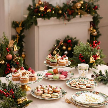 120-Piece Gold Christmas Party Tableware Set for 20 Guests - Disposable Dinnerware Kit