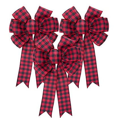 Large Red Black Buffalo Plaid Wreath Bows - B Style 3pcs Christmas Farmhouse Decor