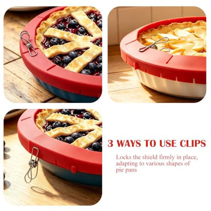 Adjustable Silicone Pie Crust Shield - 2 Pack, Fits 8-11.4 Inch Pies, Red & Clip
