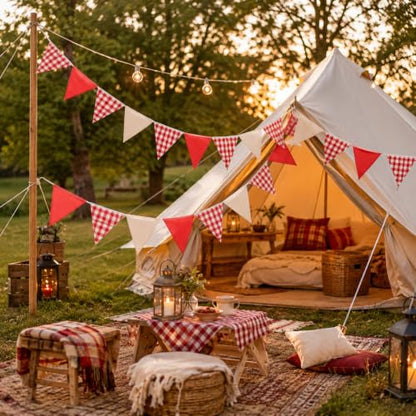 Red & White Triangle Bunting Banner - 32Ft Gingham Fabric Party Decor