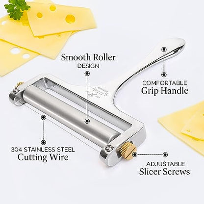 Zulay Kitchen Stainless Steel Wire Cheese Slicer - Adjustable Hand Held Cheese Cutter with 2 Extra Wires - Premium Cheese Shaver for Mozzarella, Cheddar, Gruyere - Cheese Cutter with Wire (Silver)