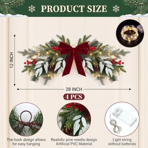 Christmas Swag Decorations with Lights, Red Bow and Pine - 4 Pack Variation of Red Pine