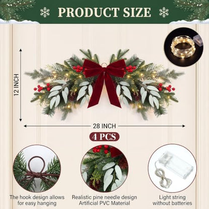 Christmas Swag Decorations with Lights, Red Bow and Pine - 4 Pack Variation of Red Pine