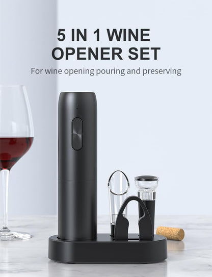 VGY Electric Wine Opener Set, 5 in 1 Rechargeable Automatic Electric Corkscrew with Charging Base, Foil Cutter, Wine Pourer & Vacuum Stopper, Electric Wine Bottle Opener for Home Bar & Wine Lovers