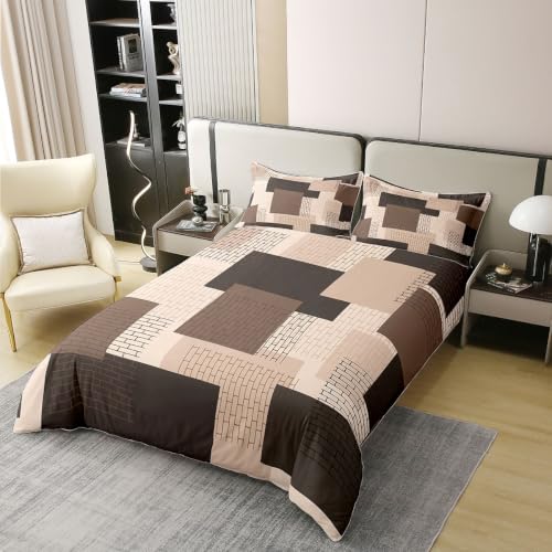 Feelyou Modern Brown Khaki Geometric Cotton Duvet Cover Set Full Size - No Comforter