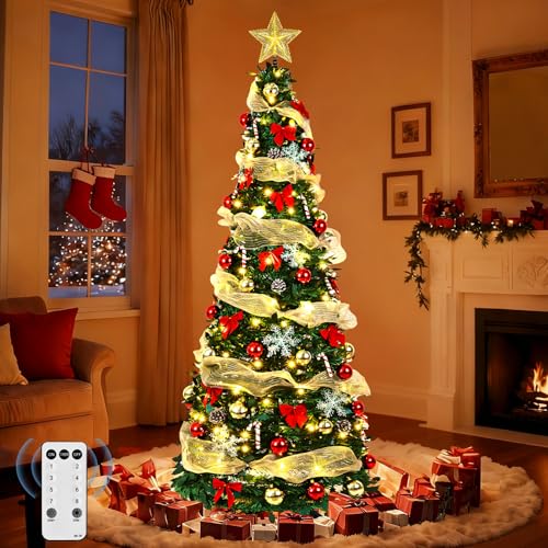 Pre-Lit 6FT Artificial Christmas Tree with Ornaments & Remote Control