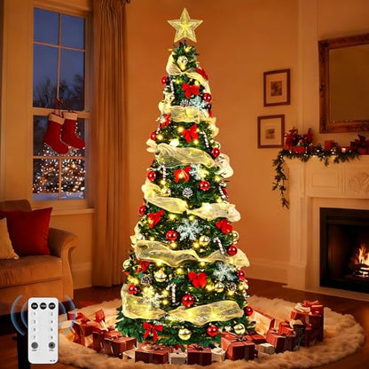 Pre-Lit 6FT Artificial Christmas Tree with Ornaments & Remote Control