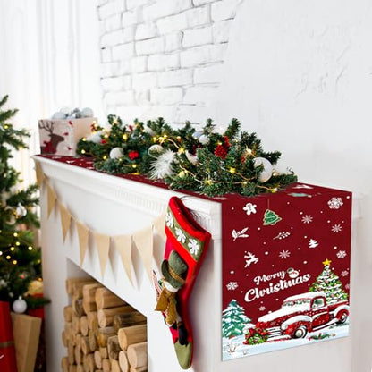 Red Truck Xmas Tree Snowflake Christmas Table Runner 13x72 Inch - Holiday Kitchen Decor - Red Truck1