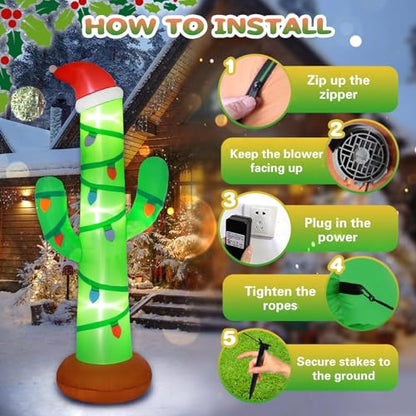 7ft Outdoor Christmas Inflatable Cactus with Built-in LED Lights - Tropical Holiday Yard Decor