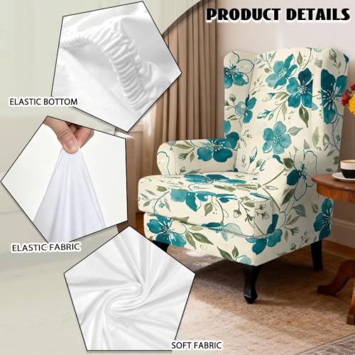 Teal Floral Wingback Chair Slipcover - Scratch-Resistant, Washable, Non-Slip Bottom, Durable Fabric