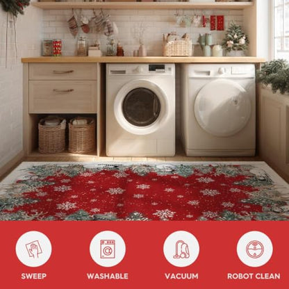 Red Snowman Deer Christmas Area Rug 5x7 Feet Winter Home Decor Washable Entryway Bedroom Living Room