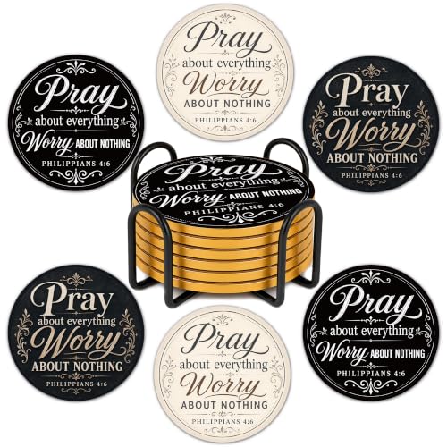 Christian Pray Cork Coasters Set of 6 with Holder - Faith-Based Bible Verse Decor