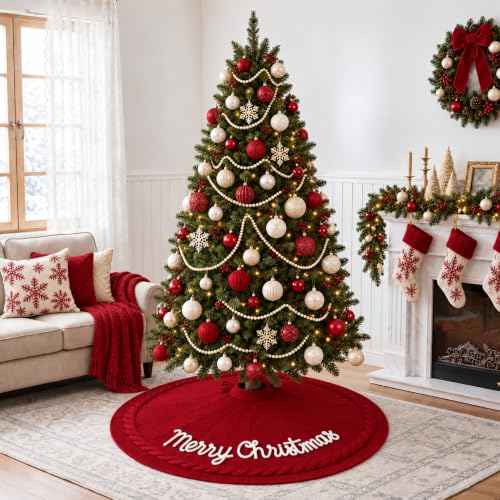 48 Inch Burgundy Knitted Christmas Tree Skirt - Holiday Decor, Gift Idea