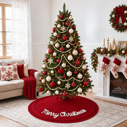 48 Inch Burgundy Knitted Christmas Tree Skirt - Holiday Decor, Gift Idea