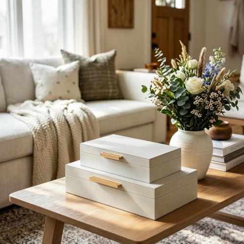 Decorative Storage Boxes with Lids - PU Leather Bins, Ivory White, Set of 2