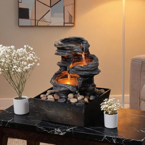 Indoor Tabletop Water Fountain with LED Lights, 3-Tier Resin Rock Waterfall