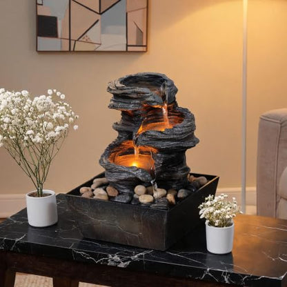 Indoor Tabletop Water Fountain with LED Lights, 3-Tier Resin Rock Waterfall