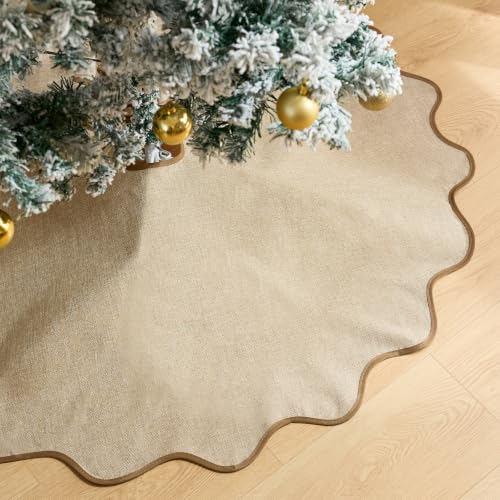 Scalloped Christmas Tree Skirt Linen Burlap 36 Inch Farmhouse Rustic Decor