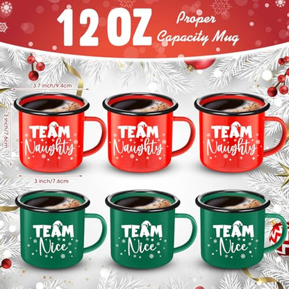 Christmas Enamel Mug Set of 6 with Red and Green Holiday Coffee Cups - 12oz