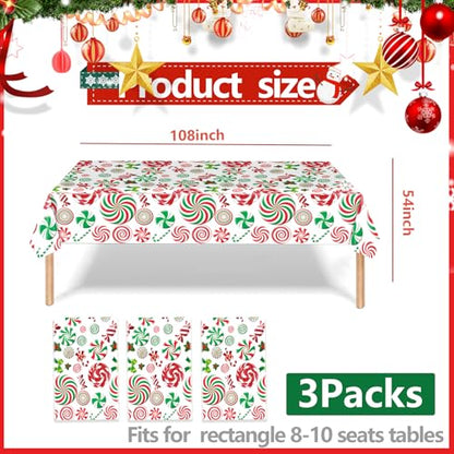 Christmas Candy Cane Plastic Tablecloth Set - 3 Pieces, 54x108 Inches