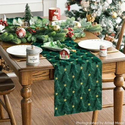 Christmas Table Runner 13x60 Inch Green Plush Faux Fur Jacquard Holiday Decor - Green & Gold Variation
