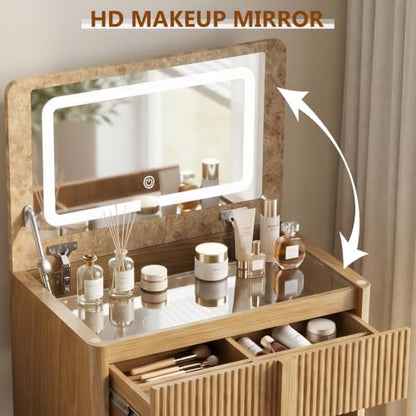 3-in-1 Vanity Desk with Mirror & Lights - Brown Oak (Variation: Brown Oak)