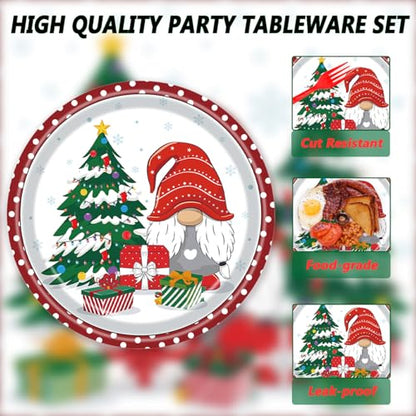 Christmas Gnomes Plates and Napkins Set with Santa & Tree - Holiday Party Supplies