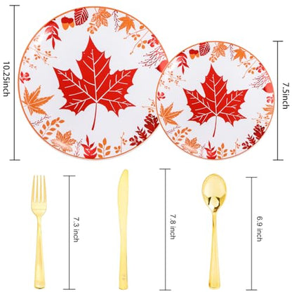 Thanksgiving Plastic Plates Set - Red Orange Round Style for Fall Parties, 30 Dinner & Dessert Plates with Gold Cutlery