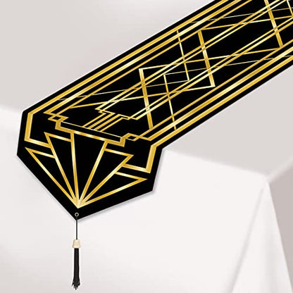 3 Pack Art Deco Black and Gold Printed Table Runners - 11" x 6' for Vintage Parties
