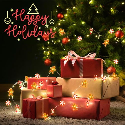 Battery-Operated Christmas Lights 16ft Gingerbread & Candy Cane Ornaments, 40 LEDs Timer