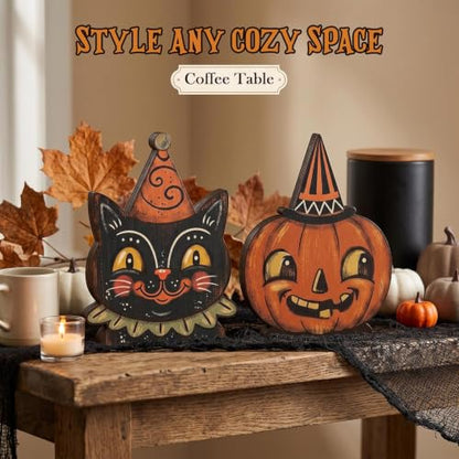 Halloween Wooden Signs Set - Black Cat & Pumpkin Indoor Decor - Variation A
