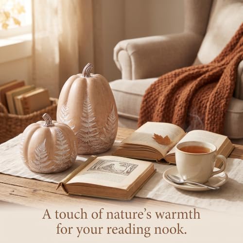 Brown Resin Fall Pumpkins with Leaves Pattern - Rustic Home Decor, Set of 2